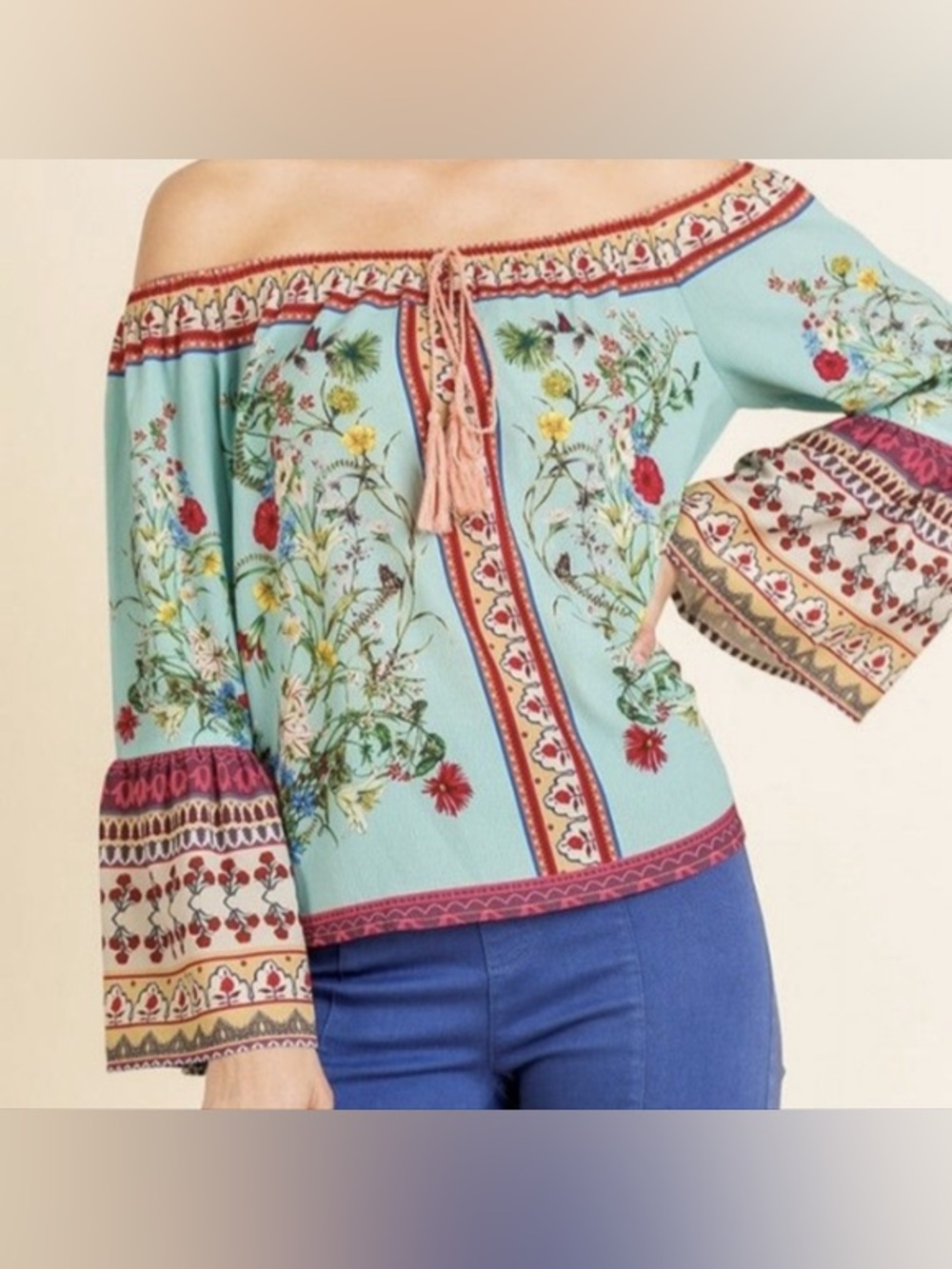 Umgee Floral Scarf Print Off-The-Shoulder Bell Sleeve Boho Blouse Cotton Blend